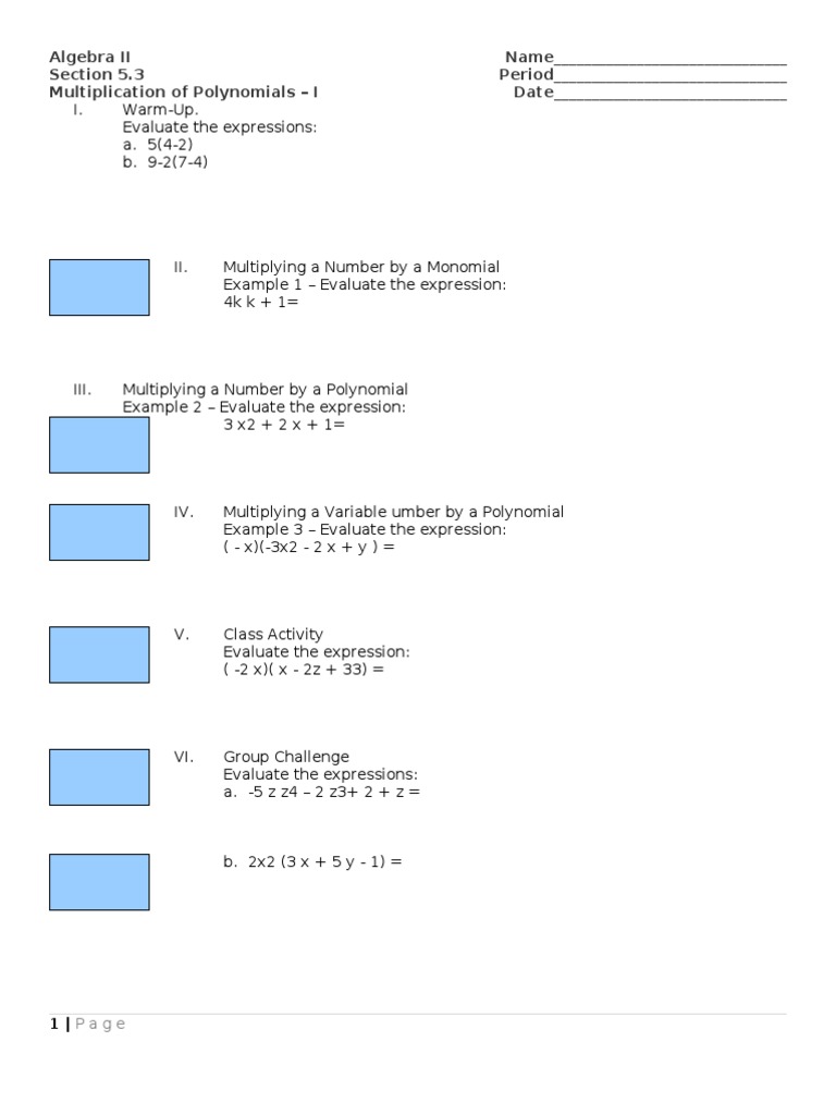Algebra II - 5.3-Multiplication of Polynomials - I | PDF | Teaching ...