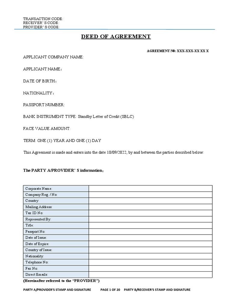 DOA for SBLC Transaction Agreement | PDF | Letter Of Credit | Banks