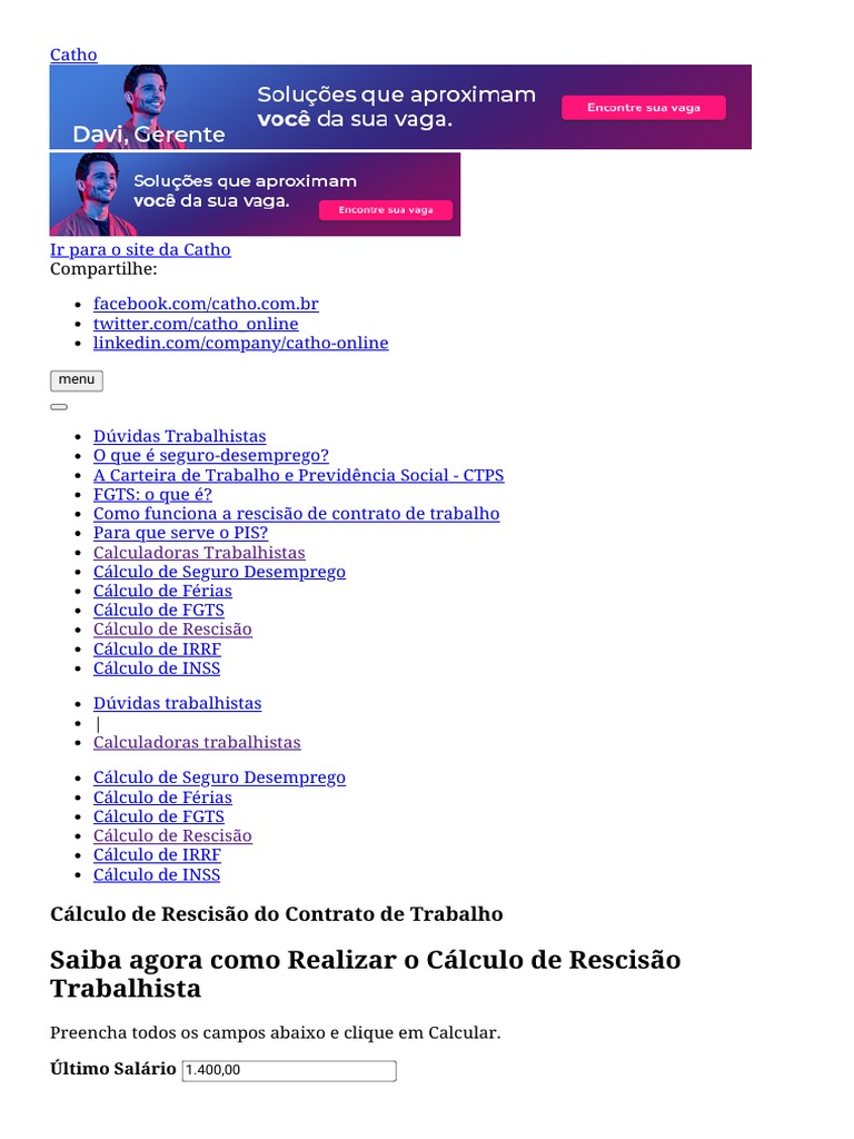 Cálculo de Rescisão Do Contrato de Trabalho - Catho | PDF | Carreira e ...