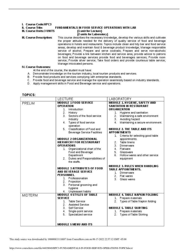 Hpc3 fundamentals in food service operations topics pdf restaurants