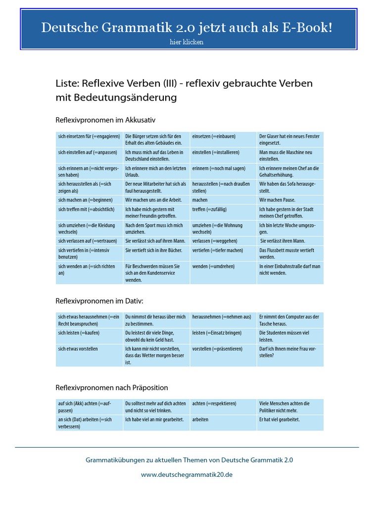 Liste Reflexive Verben Reflexiv Gebrauchte Verben Mit ...