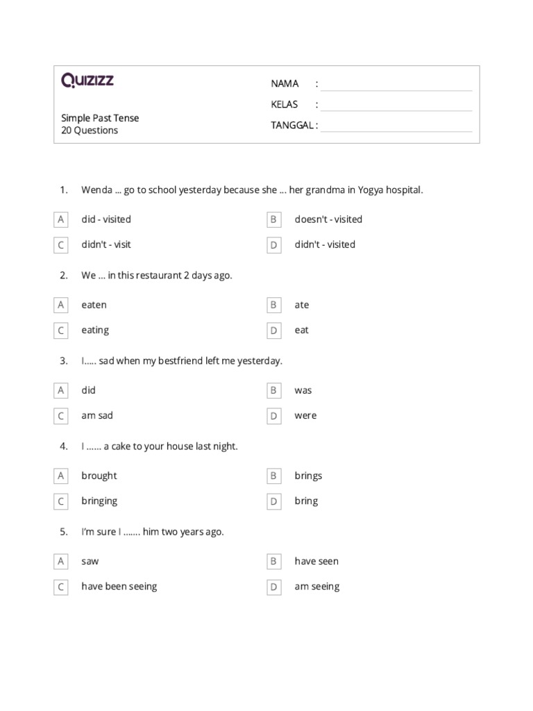 Simple past tense quizizz 1 pdf