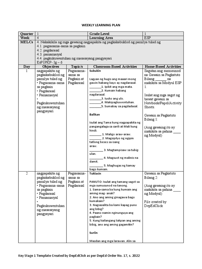 Weekly Learning Plan Quarter 1 Grade Level Week Learning Area Melcs 4 ...