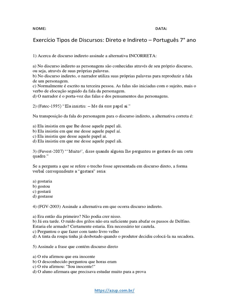 Exercício Tipos de Discursos Direto e Indireto - Português 7° Ano | PDF