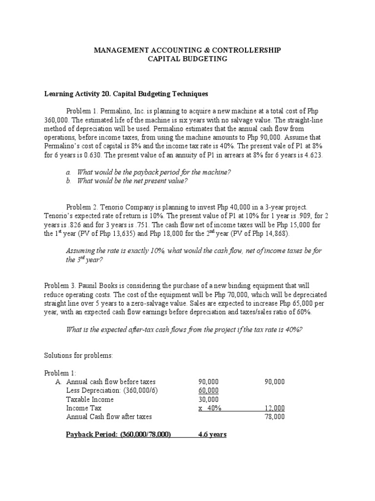 Permalino Learning Activity 20 Capital Budgeting Techniques Pdf