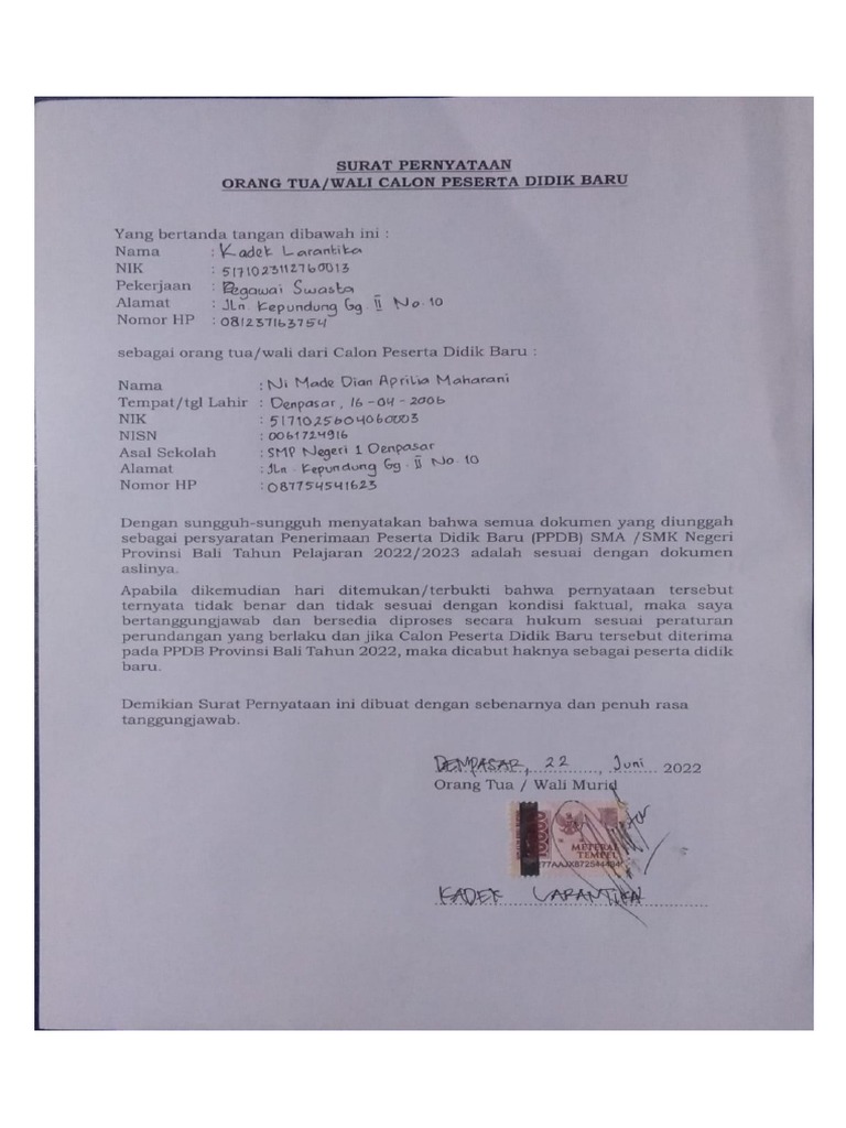 Surat Pernyataan Orang Tua | PDF