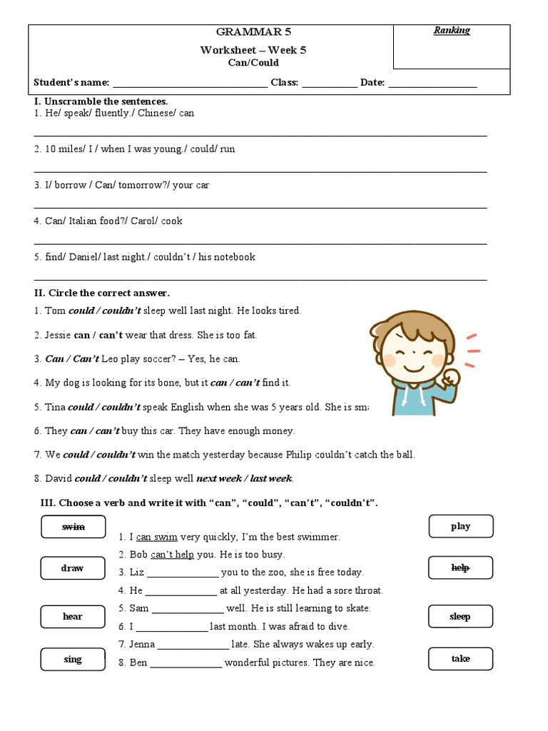 Grammar Worksheet Can Could PDF
