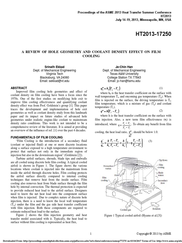 Ekkad 2013 Review Film Cooling Hole Geometry | PDF | Vortices | Jet Engine