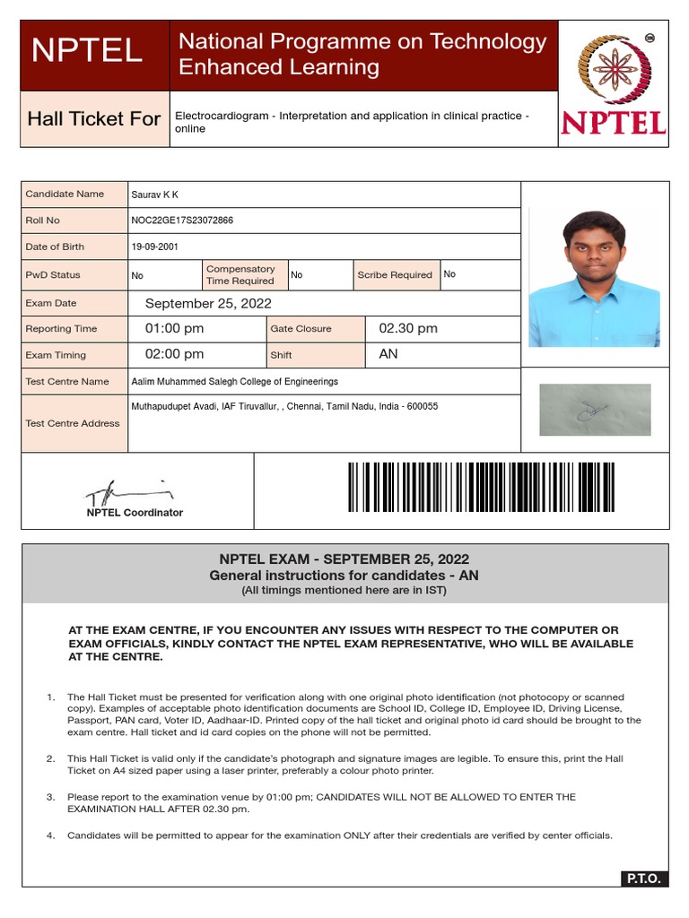 Hall Ticket of Nptel PDF