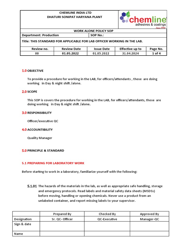Lab Safety SOP for Solo Work | PDF | Laboratories | Emergency