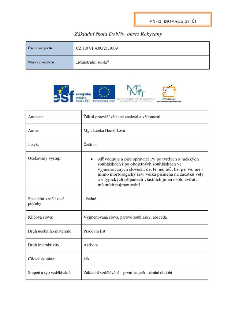 Písemná Práce Z ČJ Pro 3. Ročník | PDF
