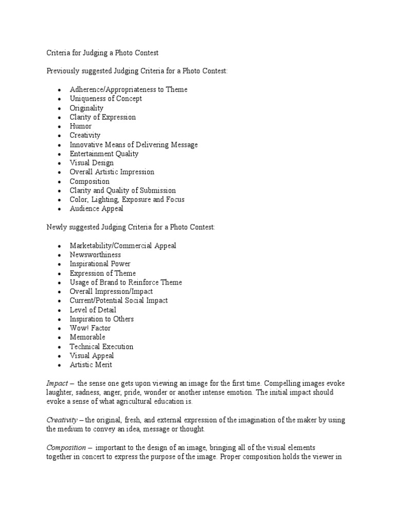 Photo Contest Judging Criteria 2024 | PDF | Composition (Visual Arts ...