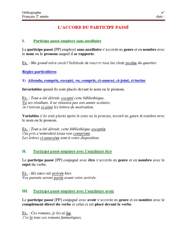 Accord du participe passé en français | PDF | Pronom | Verbe