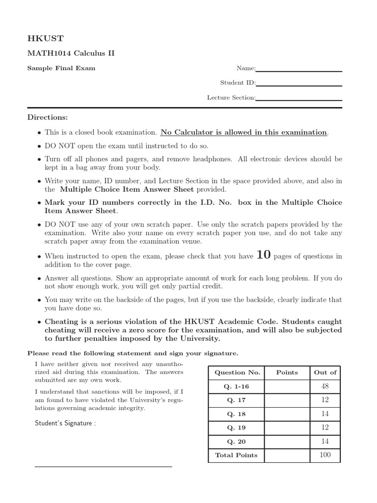 HKUST Math 1014 Final Exam Sample | PDF | Test (Assessment) | Multiple ...