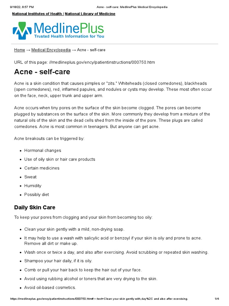Acne - Self-Care - MedlinePlus Medical Encyclopedia | PDF | Pimple | Skin