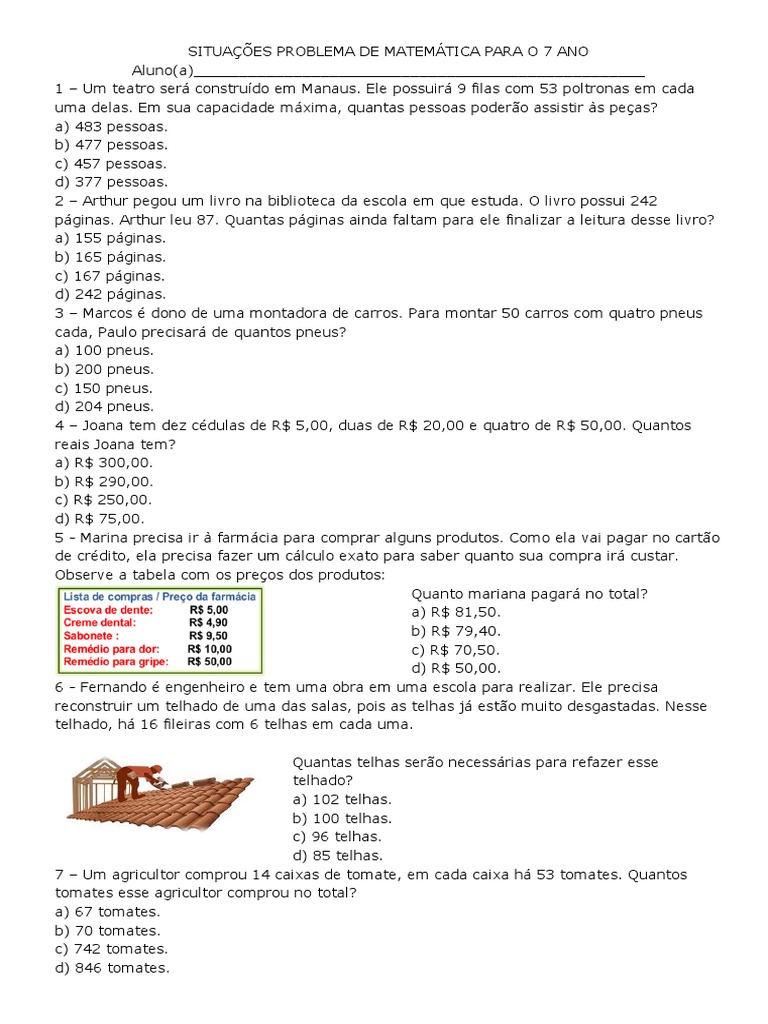 Situações Problema Matemática 7º Ano | PDF | Casa e Jardim