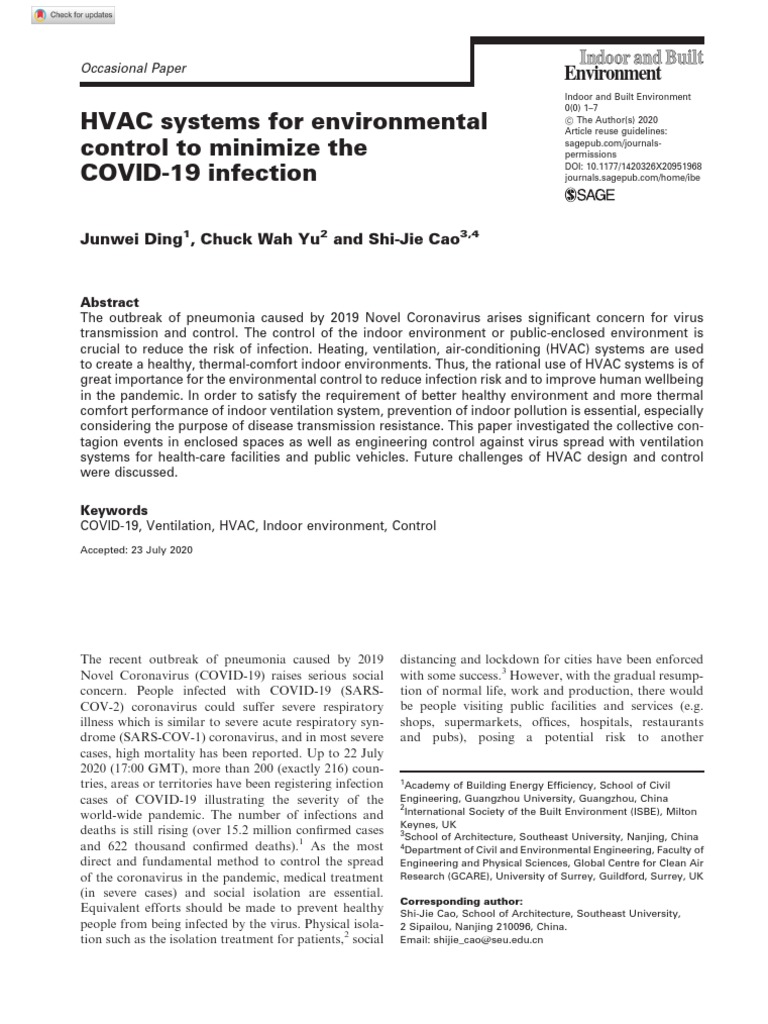 HVAC Systems For Environmental Control To Minimize The COVID19