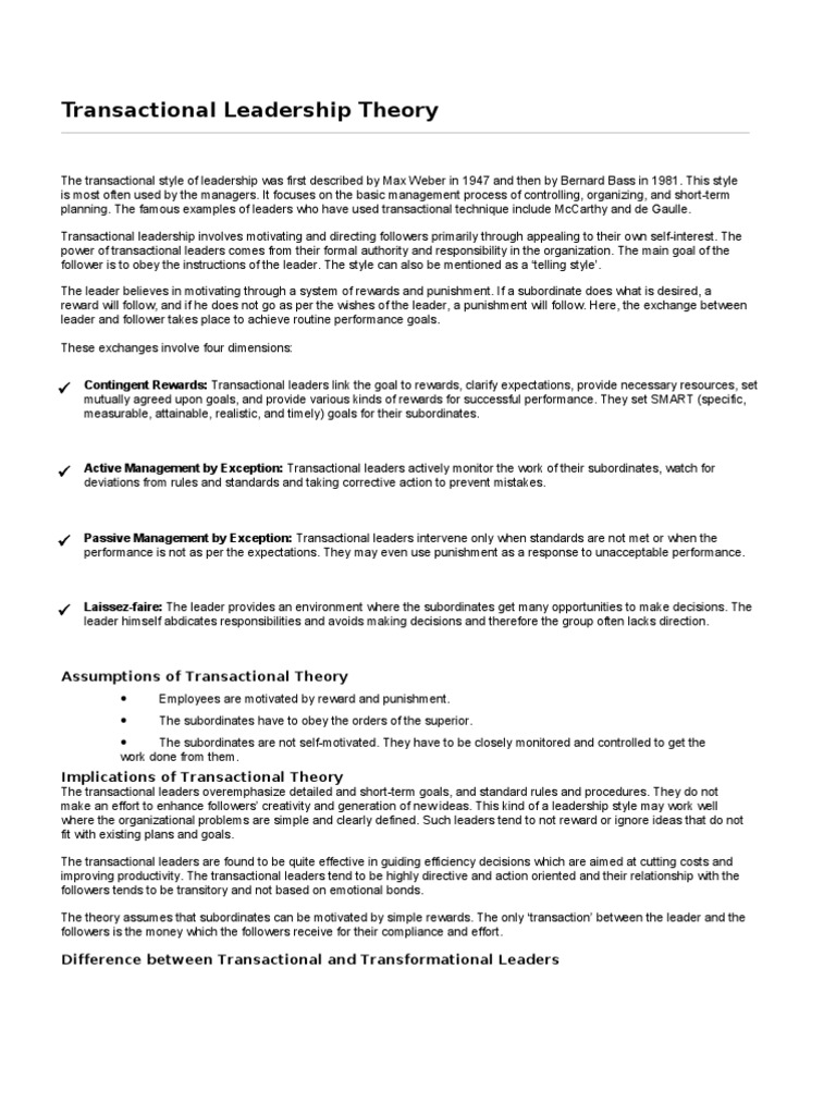 Overview of Transactional Leadership Theory | PDF | Transformational ...