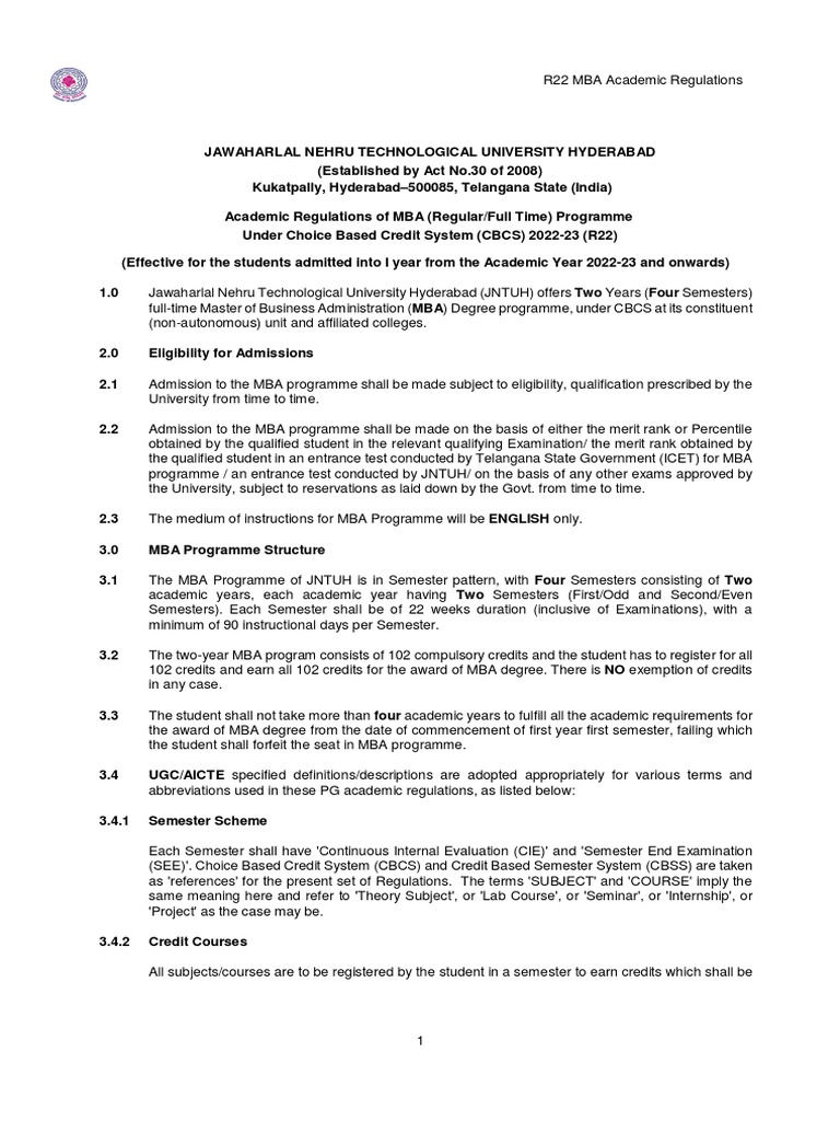 JNTUH MBA R22 Academic Regulations | PDF | Thesis | Course Credit