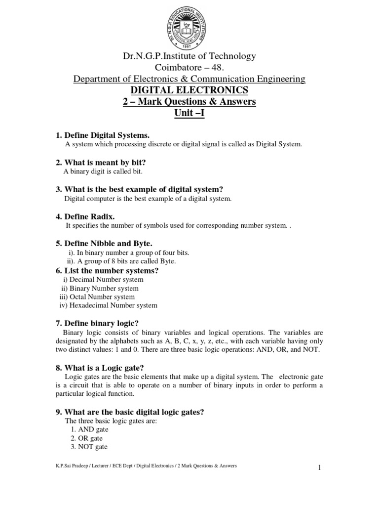 Digital Electronics: 2 Mark Q&A Guide | PDF | Boolean Algebra ...