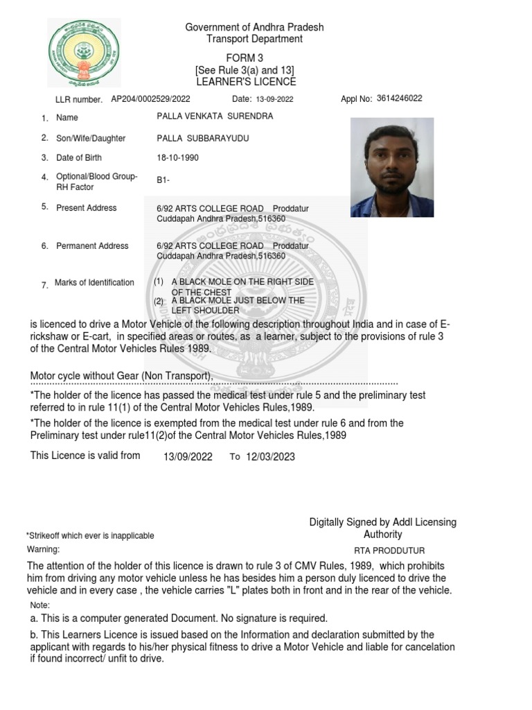 Andhra Pradesh Learner's Licence Form | PDF | Driving | Land Transport