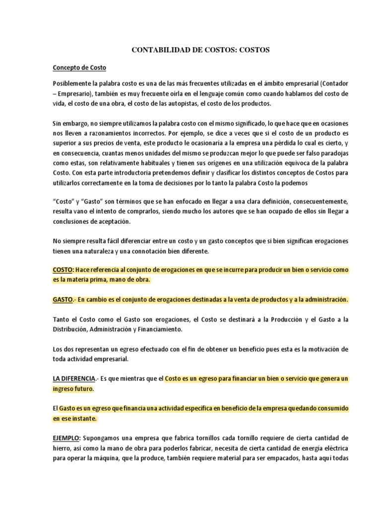 Diferencias entre Costo y Gasto en Contabilidad | PDF | Costo ...