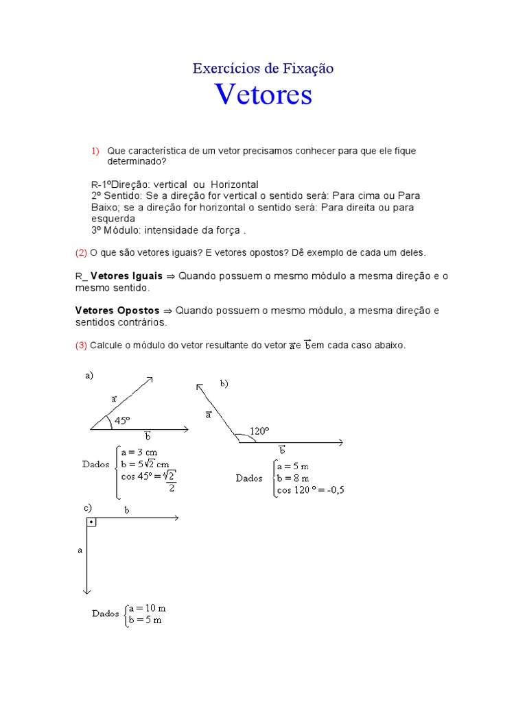 Exercícios sobre Características de Vetores | PDF | Vetor euclidiano ...