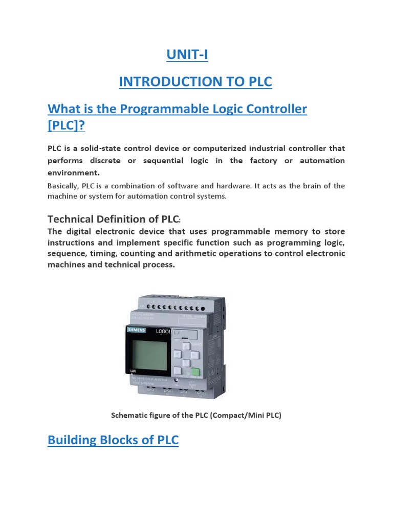 Unit-I Introduction To PLC: What Is The Programmable Logic Controller ...