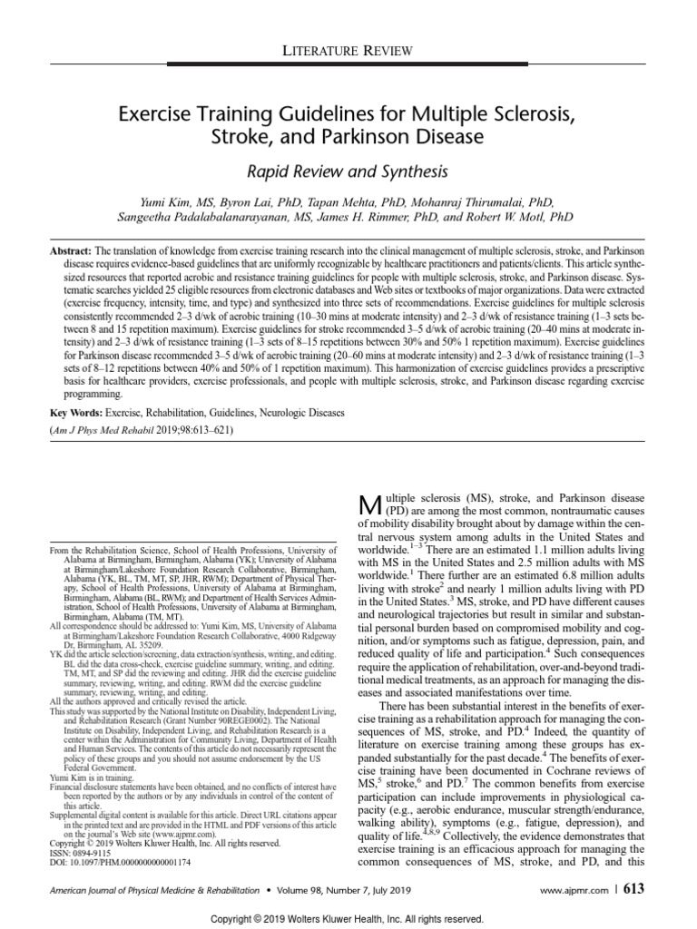 Exercise Training Guidelines For Multiple Sclerosis Stroke and ...