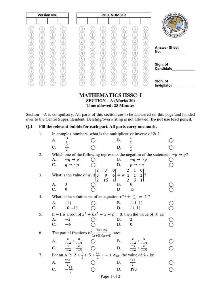 FBISE Mathematics HSSC-I Model Question Paper 2022 | PDF ...