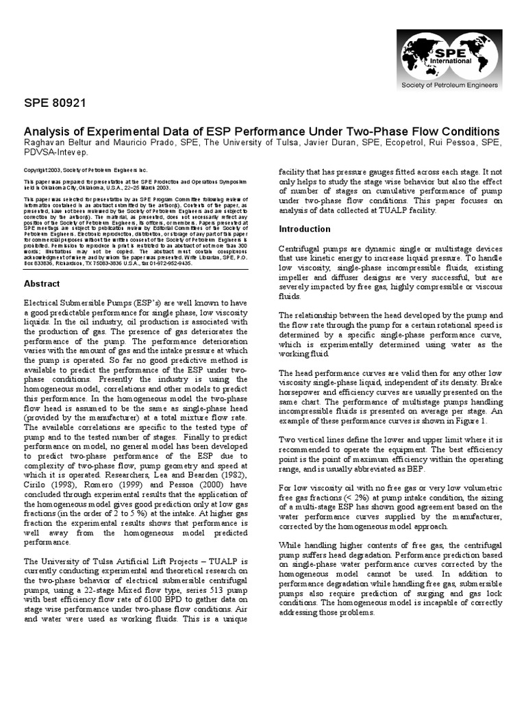 SPE-80921-MS Analysis of Experimental Data of ESP Performance Under Two ...
