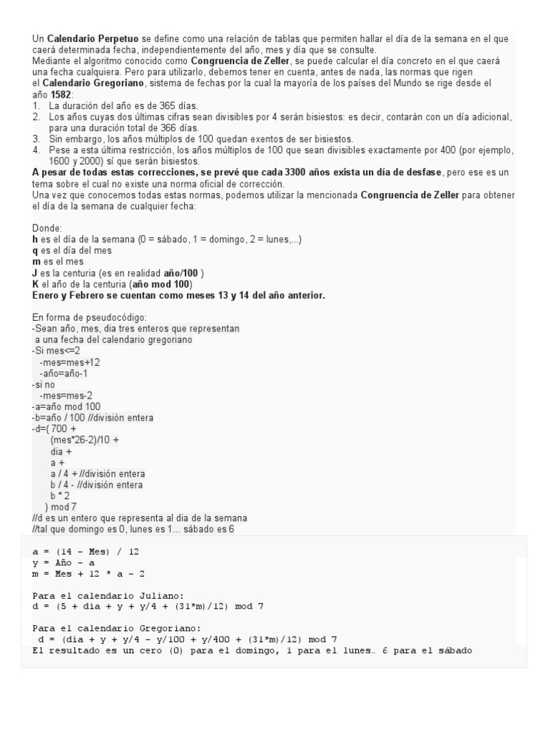 Algoritmo de Zeller en Calendario Perpetuo | PDF