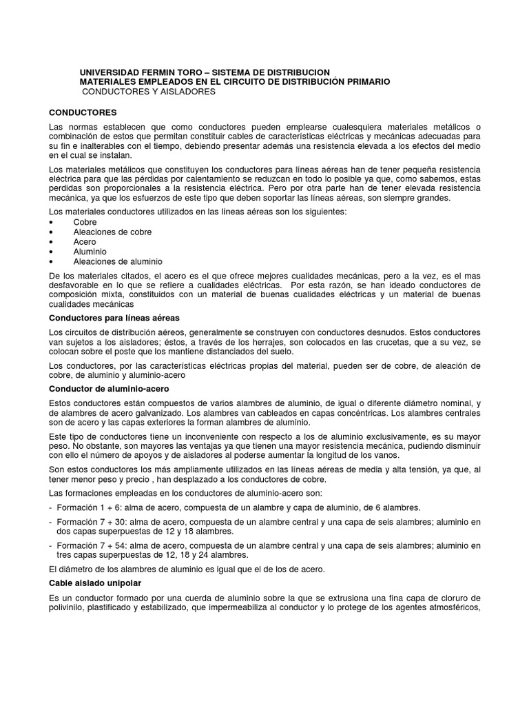 Conductores y Aisladores en Distribución | PDF | Aislador (Electricidad ...