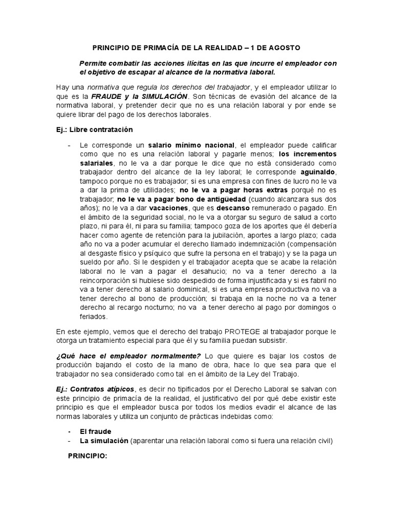 Principio de Primacía de La Realidad PDF Derecho laboral