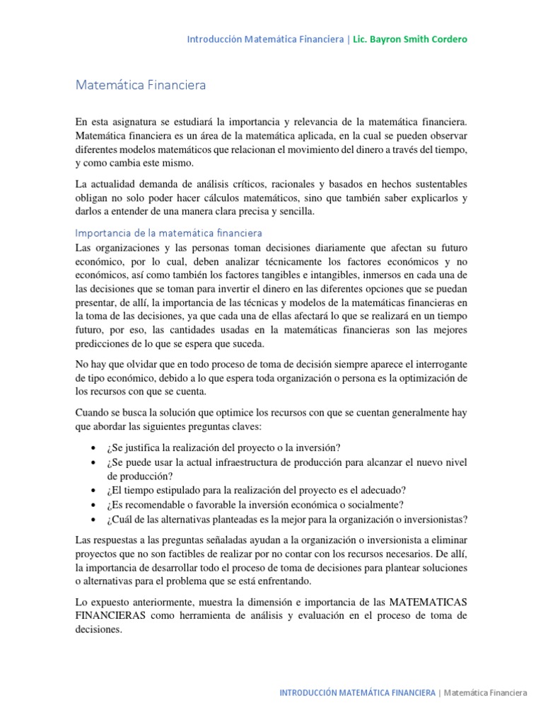Introducción a la Matemática Financiera | PDF | Matemáticas | Evaluación