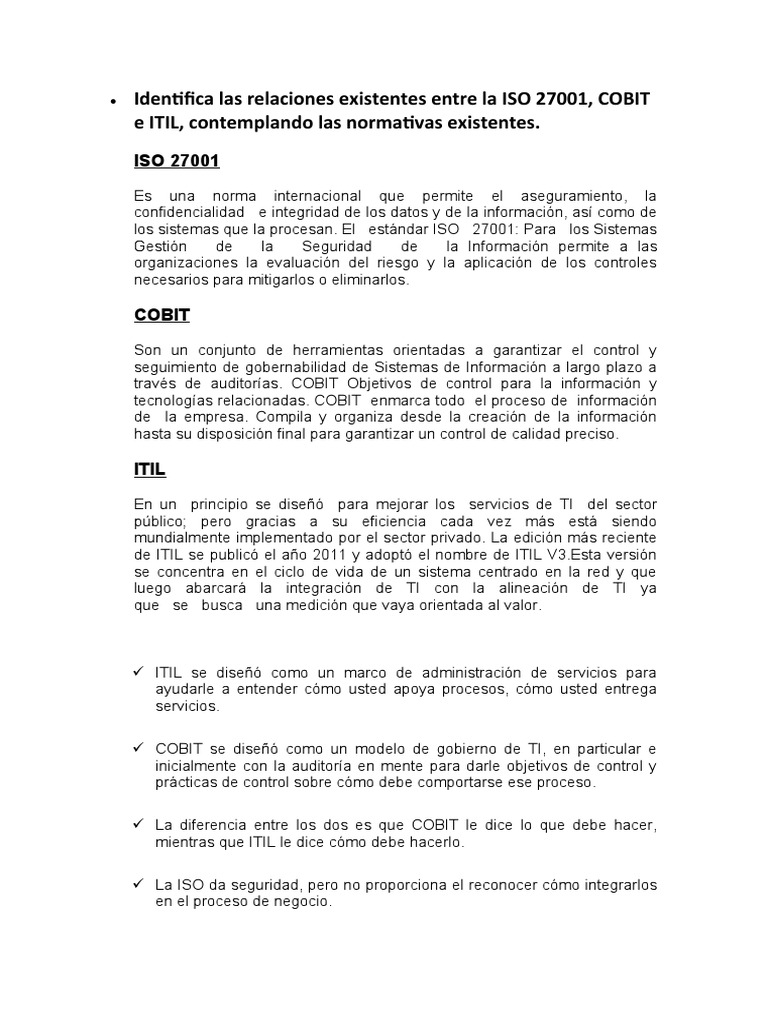 Relación entre ISO 27001, COBIT e ITIL | PDF | Itil | Cobit