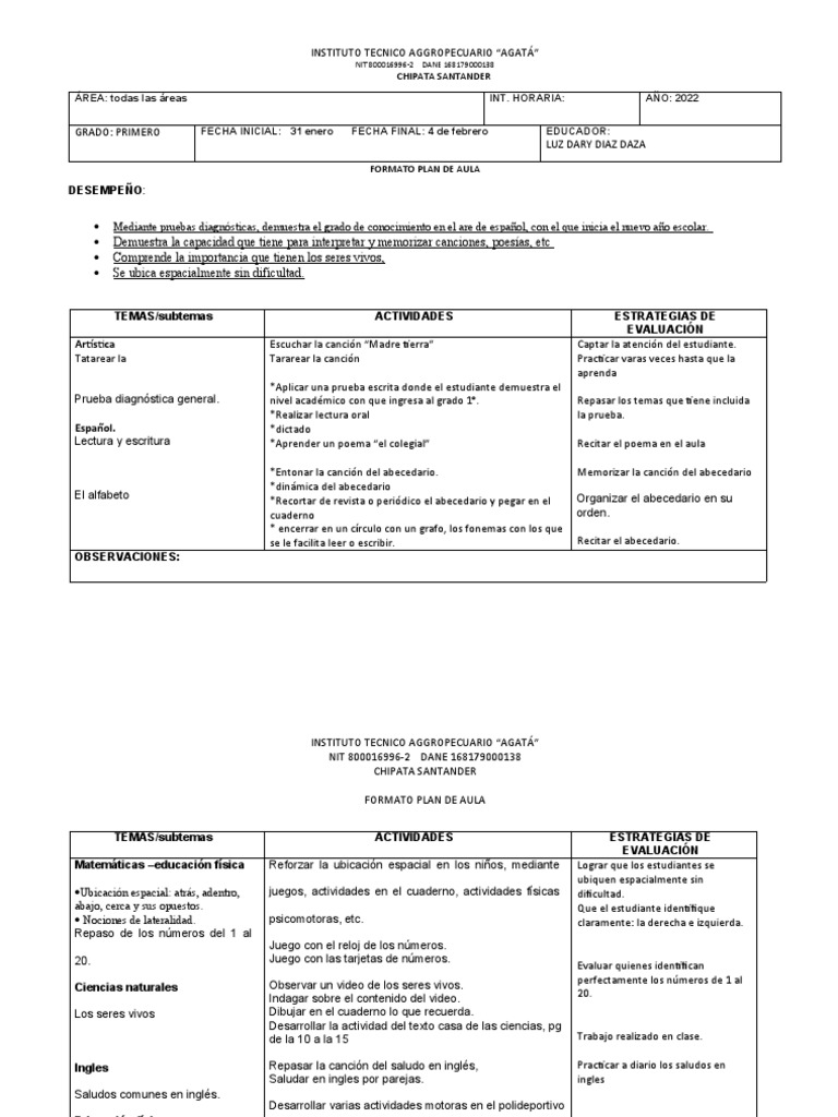 Plan de Aula para Primer Grado 2022 | PDF | Cognición