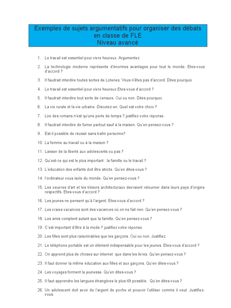 Exemples de Sujets de Debat a l'Oral