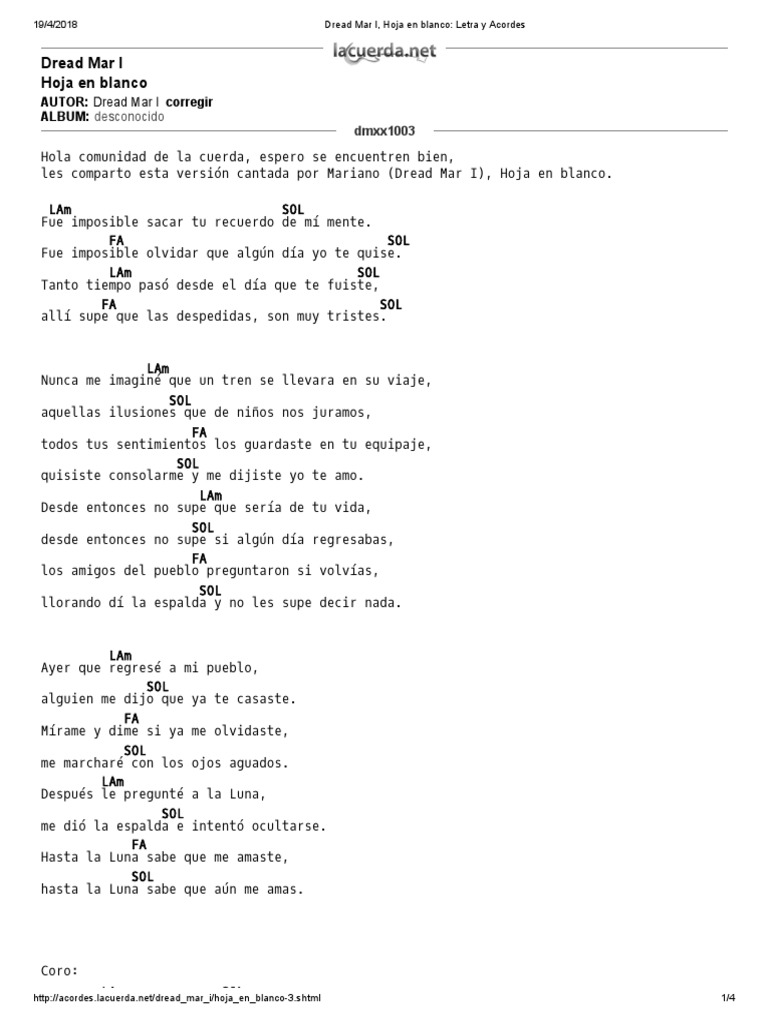 Dread Mar I, Hoja en Blanco Letra y Acordes PDF