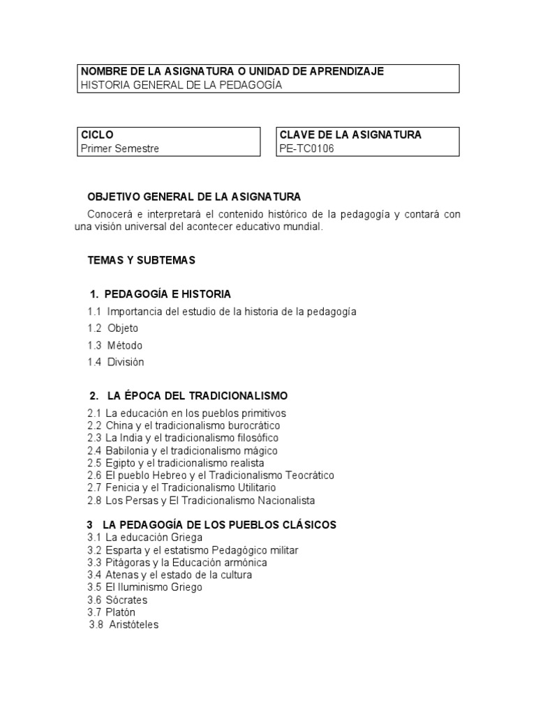 Programa de Historia General de La Pedagogía | PDF | Pedagogía | Cognición