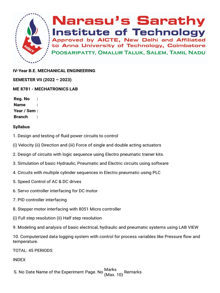 Mechatronics Lab Experiments Overview | PDF | Programmable Logic ...