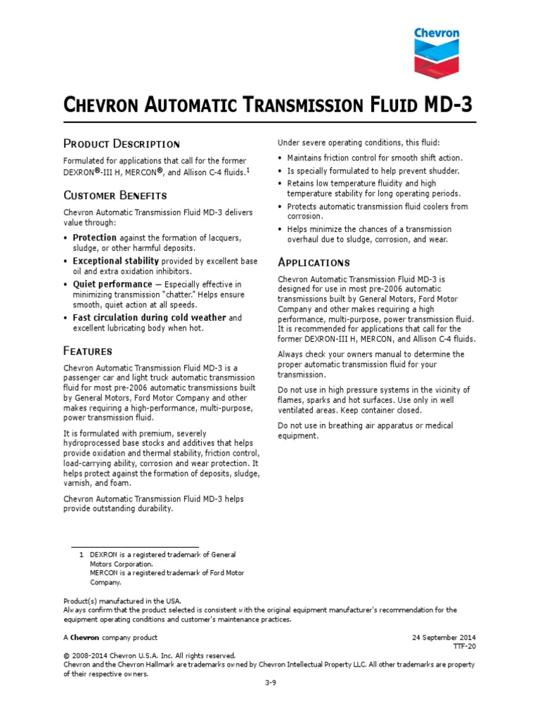 Chevron ATF MD 3 Dextron III H Technical Datasheet | PDF | Mechanical ...
