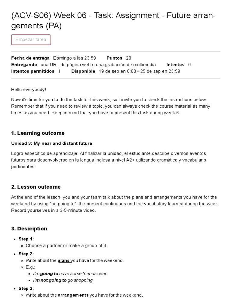 Week 06 Assignment: Future Plans Video | PDF | Grammar | Languages
