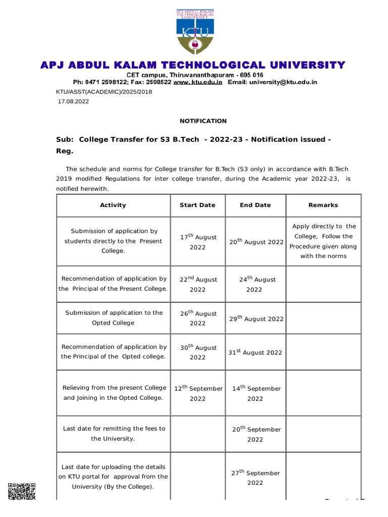 KTUASST (ACADEMIC) 20252018 B.tech College Transfer Notification