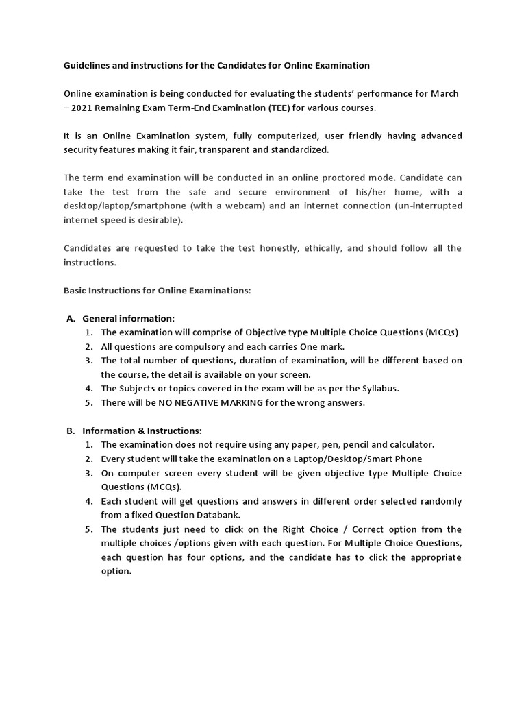 Baou important instructions for online examination2021 pdf