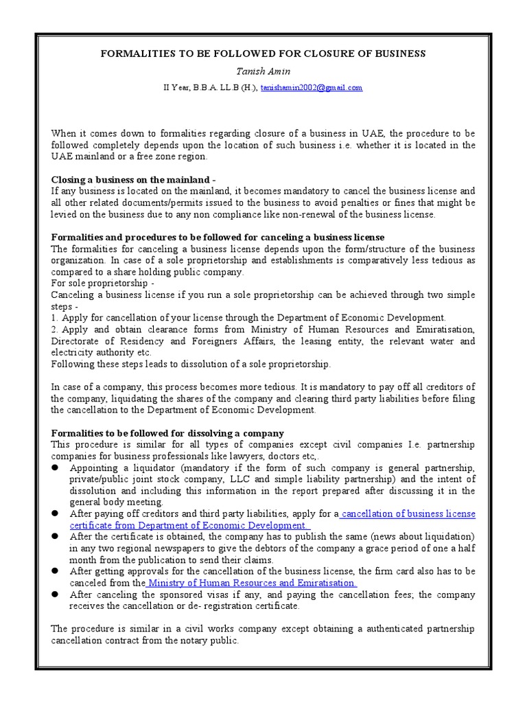 Business Closure Procedures in UAE | PDF | Liquidation | Sole ...