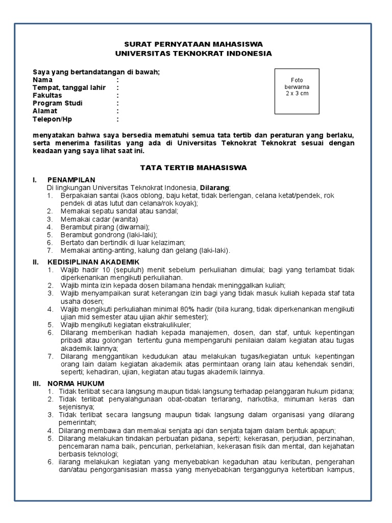 Surat Pernyataan Mahasiswa | PDF