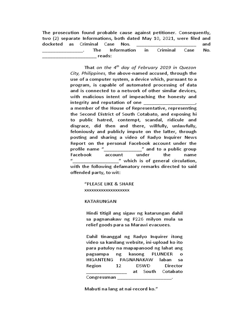 The Prosecution Found Probable Cause Against Petitioner | PDF ...