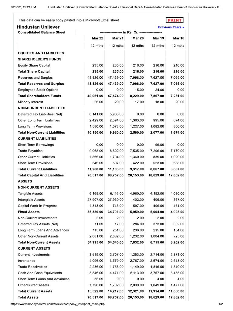 Hindustan Unilever Balance Sheet | PDF