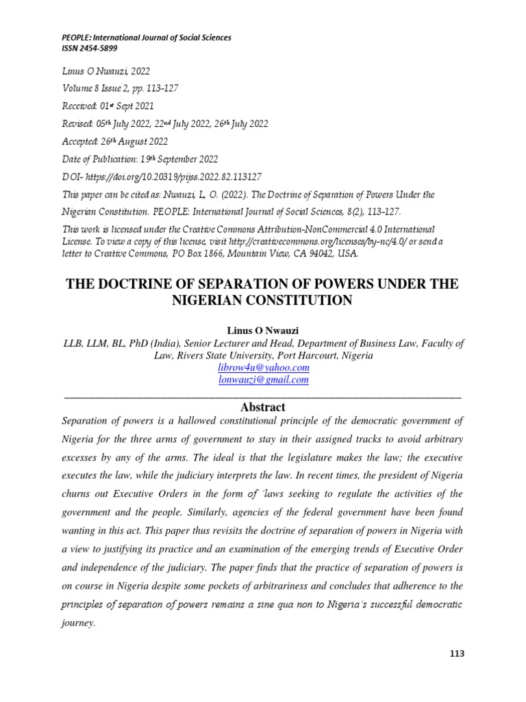 The doctrine of separation of powers under the nigerian constitution